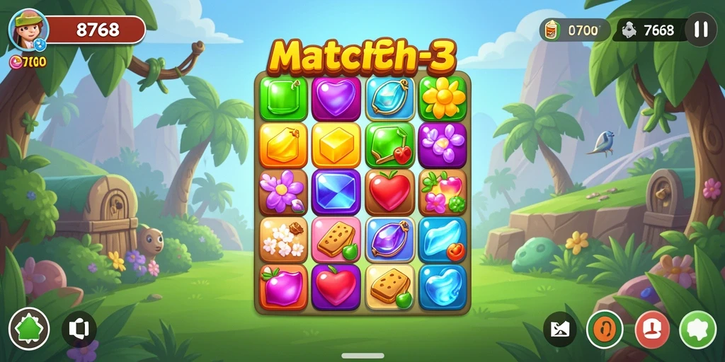 Tangkapan layar gameplay dari 8768 menunjukkan aksi seru mencocokkan permata.