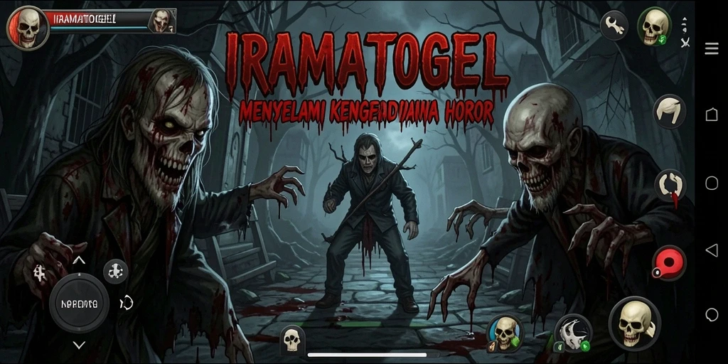 Screenshot utama IRAMATOGEL menunjukkan suasana kelam dengan karakter menakutkan.