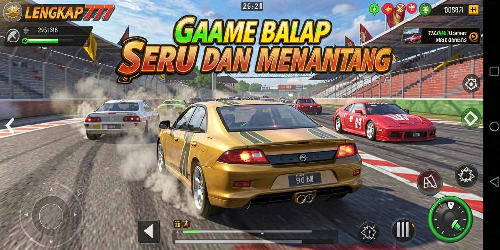 Gameplay racing seru dalam LENGKAP777 dengan mobil dan lintasan menarik.