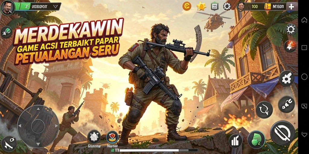 Screenshot gameplay aksi yang intens di MERDEKAWIN.